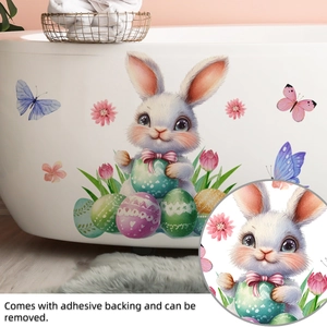 Détails des autocollants de lapin de Pâques et œufs colorés montrant le support adhésif