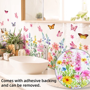 Detail of colorful floral and butterfly wall decals showing self-adhesive and removable features