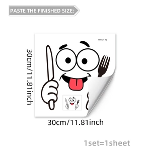30x30cm cartoon smiley muursticker met bestekpictogram en gedetailleerde afmetingen