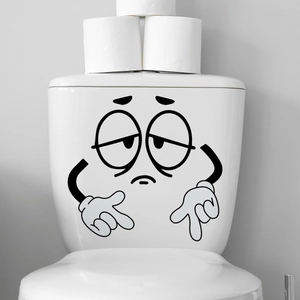 Grappige vermoeide cartoon toiletsticker met omlaag wijzende vinger op witte watertank