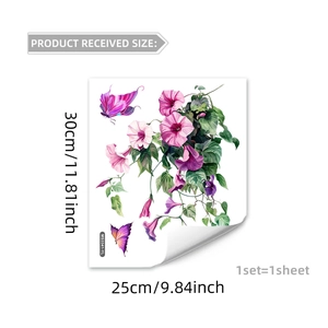 Détail de l'autocollant mural fleurs roses et papillons violets mesurant 30x25cm