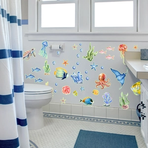 Glow-in-the-dark sea turtle and jellyfish wall decals set for bathroom and kids room
