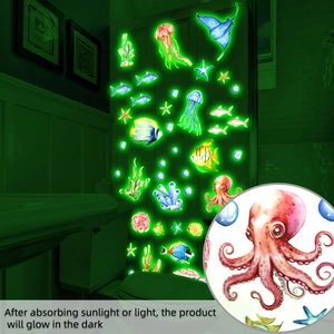 Glow in the dark ocean wall decals with glowing green octopus and jellyfish
