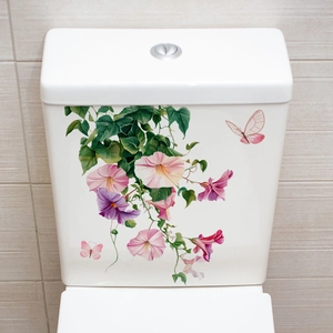 Stickers de toilette avec fleurs de gloire du matin roses, feuilles et papillons