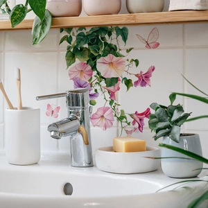 Stickers muraux fleurs colorées et papillons sur carrelage de salle de bain déco