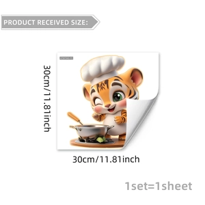 Cartoon tiger chef wall sticker for kitchen decor, 30x30cm self-adhesive PVC decal