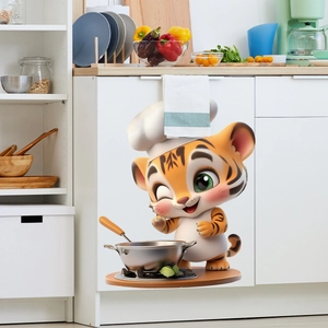 Cute cartoon tiger chef wall sticker decorating a modern white kitchen cabinet