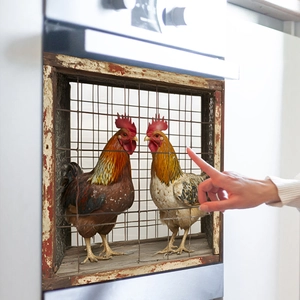 Magnetic dishwasher cover with vintage rooster farm design on wooden background