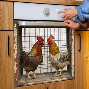 3D decorative oven door sticker featuring two roosters in a wooden cage for kitchen decor
