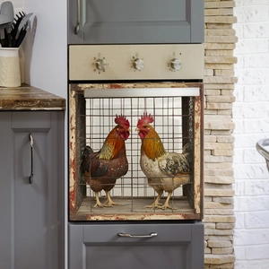 3D realistic rooster decals on vintage wooden lattice for kitchen cabinet decoration