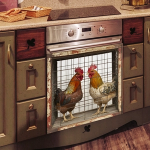 3D realistic oven sticker featuring two colorful roosters in a rustic wooden cage design
