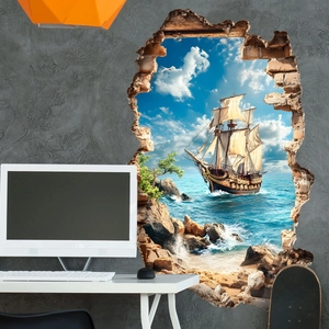 3D Broken Wall Sea Sailing Boat Wall Sticker PVC Self Adhesive Ocean Landscape Decor For Bedroom Living Room
