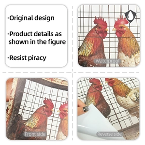 Detail of waterproof rooster wall sticker showing original design and adhesive backing