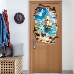Detailed view of 3D cracked wall ocean sailboat sticker on a modern wooden door