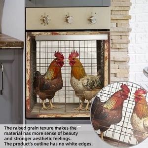 Detail of 3D rooster oven sticker showing textured wood grain and no white edges
