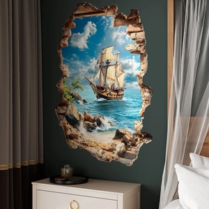 Detailed 3D broken wall effect decal featuring a vintage sailing ship on the ocean
