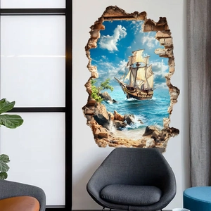 3D broken wall ocean sailboat wall sticker with blue sea for living room decor
