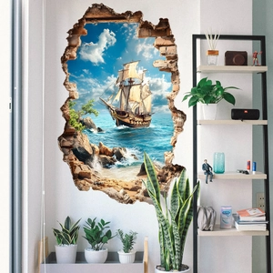 3D broken wall sailing boat wall sticker decor for kids bedroom wall scenery