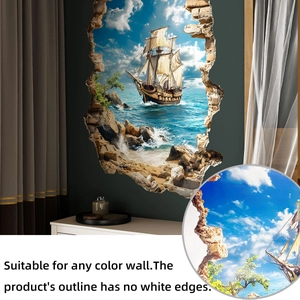 3D wall sticker detail showing vintage sailboat on sea with broken wall effect on grey wall