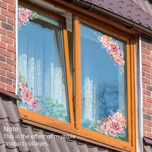 Pink floral cluster and green leaves window static sticker for home decoration