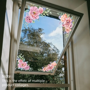 Detail of floral window stickers showing pink peony design with watercolor texture