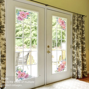 Pink floral cluster window stickers on sliding glass door with green leaves decoration
