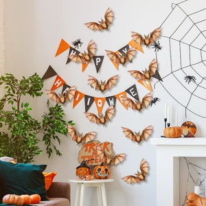 Διακόσμηση Halloween με 3D αυτοκόλλητα νυχτερίδας και γιορτινό πανό Happy Halloween