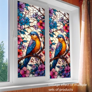 Retro stained glass window film featuring bird and floral designs for home decoration