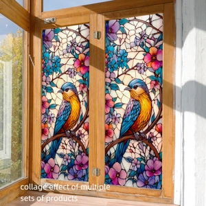 Artistic stained glass window film with birds and flowers for creative home decoration