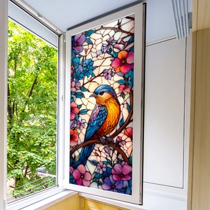 Stained Glass Style Window Film Static Cling Privacy Frosted PVC Decorative Bird Peacock Floral Pattern Home Office