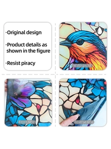 Detail showing waterproof vintage bird and flower window film with peel-off backing