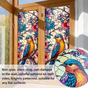 Detail of bird and flower static cling window film with colorful stained glass effect