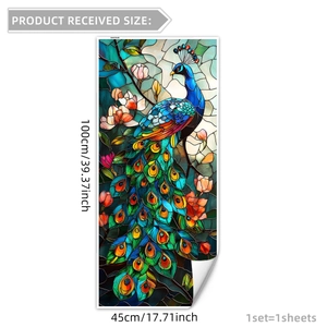 Detail of vibrant peacock window film with stained glass pattern measuring 100cm x 45cm