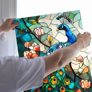 Stained glass style peacock and floral static window cling for home window decoration