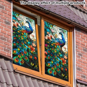 Peacock stained glass static window decals shown on rustic wooden frames