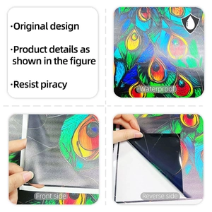 Detail of waterproof static cling window film featuring colorful peacock feather patterns