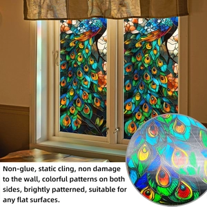 Detail of colorful peacock feather static cling window film with frosted texture finish