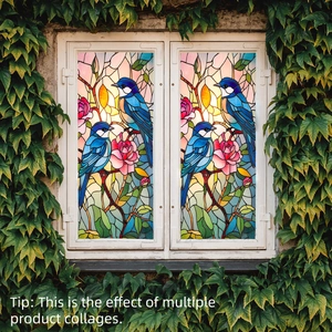 Floral stained glass window film featuring blue birds and pink roses in a garden setting