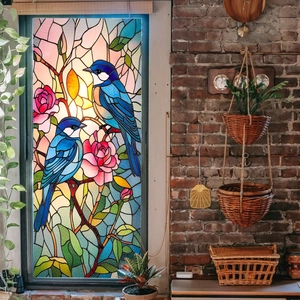 Vibrant stained glass window film featuring blue birds and pink roses on brick wall