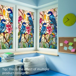 Stained glass window film with blue birds and pink roses for a cozy home living room decor