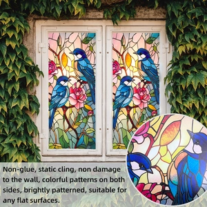 Detail of stained glass bird window film with static cling and vibrant floral pattern