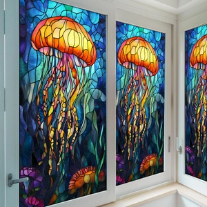 Film de fenêtre style vitrail avec méduse orange sur fond d'océan bleu décoratif