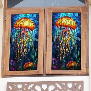 Film décoratif pour fenêtre style vitrail avec motif de méduse en mosaïque colorée