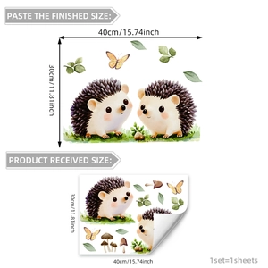 Cartoon hedgehog window clings with butterflies and mushrooms, size 40x30cm layout