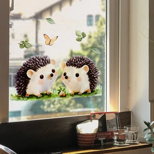 Cute watercolor hedgehog and butterfly static window cling stickers for home decor