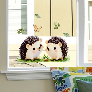 Cute watercolor hedgehog and butterfly static window clings for nursery room decoration