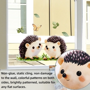 Detail of cute hedgehog window static stickers showing double-sided print on glass