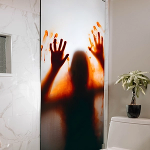 Sticker de douche Halloween avec empreintes de mains ensanglantées et ombre humaine