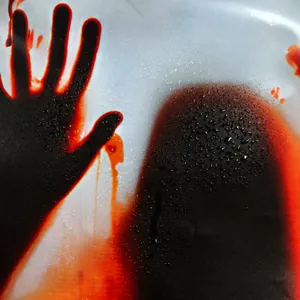 Close-up of waterproof Halloween shower curtain with bloody handprints and water droplets