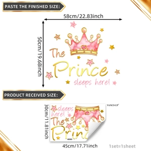 Sticker mural couronne rose aquarelle avec texte The Prince sleeps here et étoiles or